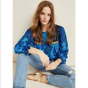 Anthropologie Miranda Peasant Blue Leop Blouse XS